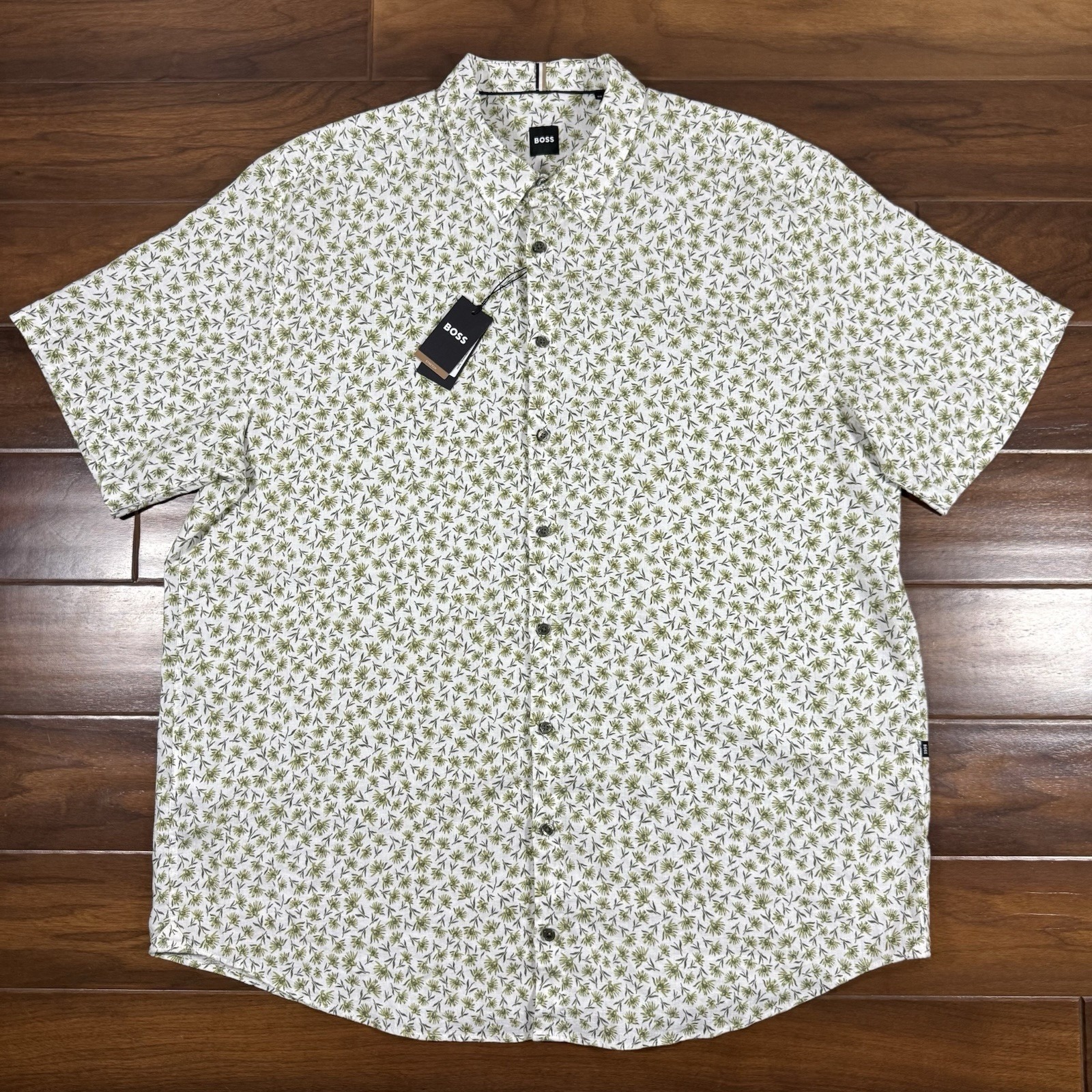 Hugo Boss Men's Size 4xl Green Floral Roan Linen Button Up Short Sleeve Shirt